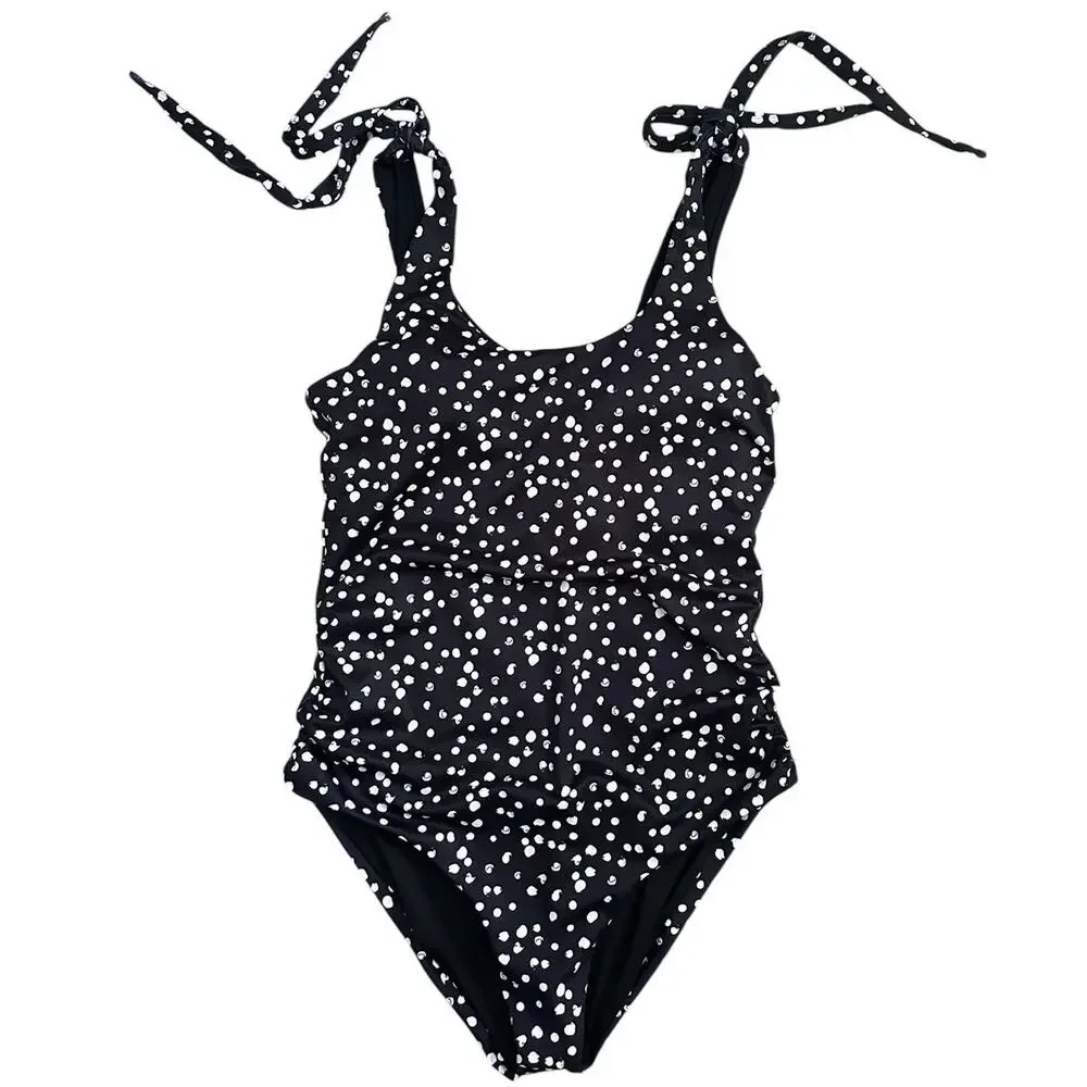 Movemama Ribbed Nursing Swimsuit Black White Scattered Dot One Piece L - Picture 2 of 9